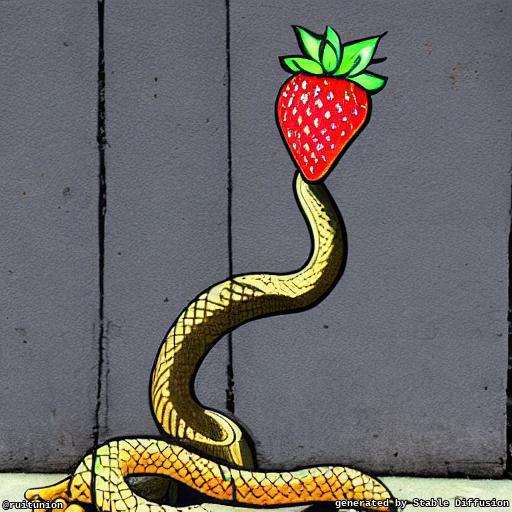Snake with a strawberry. Highly detailed masterpiece. Art style of Banksy.